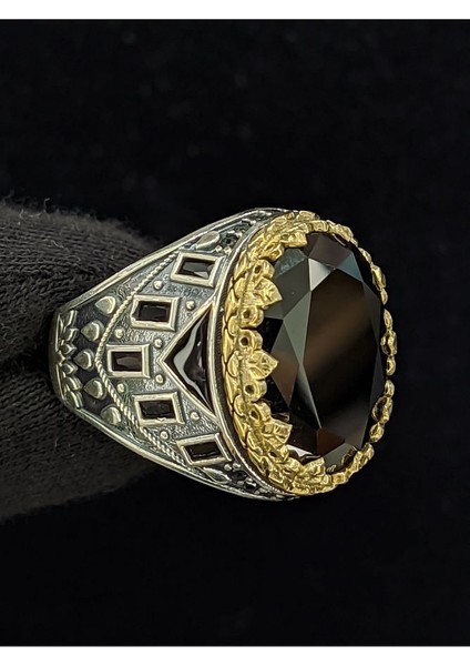 Siyah Mineli Zirkon Oval Taşlı 925 Ayar Erkek Gümüş Yüzük
