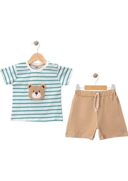Çizgili Ayı Nakışlı Şortlu Takım