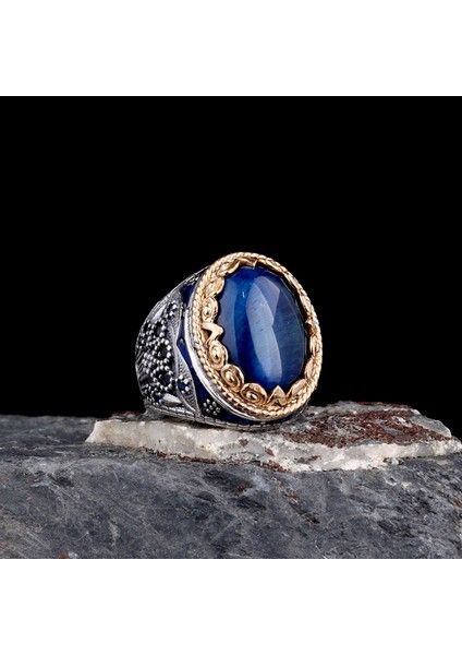 925 Ayar Erkek Mineli Mikro Taş Işlemeli Gümüş Yüzük modelleri