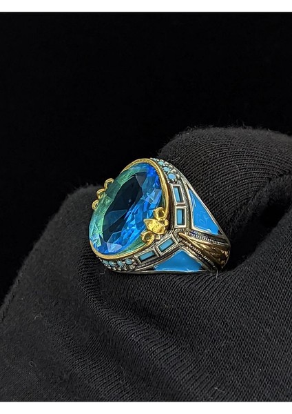 Firuze Mineli Mikro Taşlı Oval Aqua Marin Taşlı 925 Ayar Erkek Gümüş Yüzük fırsatları