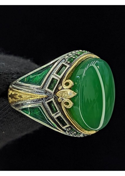 Yeşil Mineli Mikro Taşlı Oval Akik Taşlı 925 Ayar Erkek Gümüş Yüzük