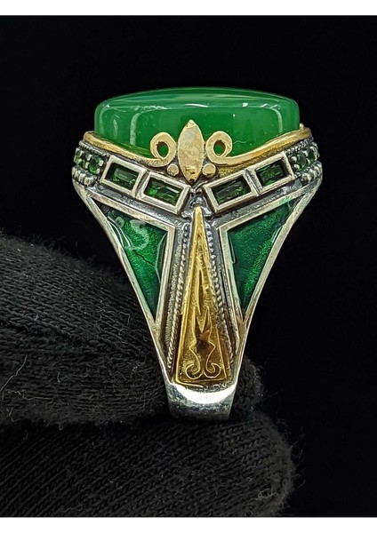 Yeşil Mineli Mikro Taşlı Oval Akik Taşlı 925 Ayar Erkek Gümüş Yüzük fiyatları