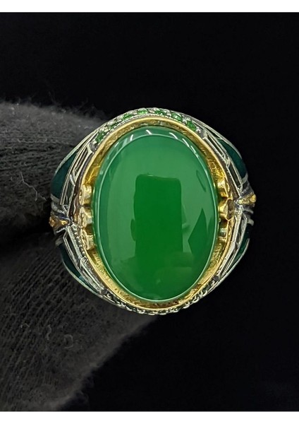 Yeşil Mineli Mikro Taşlı Oval Akik Taşlı 925 Ayar Erkek Gümüş Yüzük modelleri