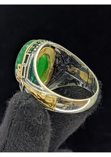 Yeşil Mineli Mikro Taşlı Oval Akik Taşlı 925 Ayar Erkek Gümüş Yüzük indirimleri