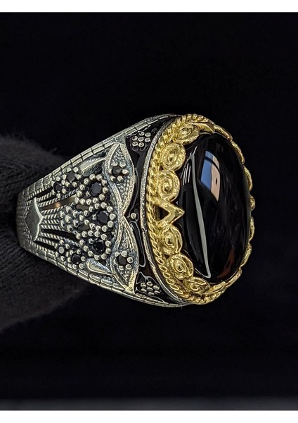 Otantik Işlemeli Mineli Oniks Taşlı 925 Ayar Erkek Gümüş Yüzük