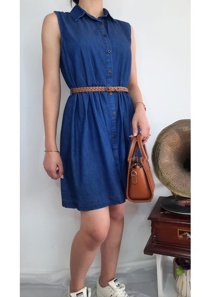 Örgü Kemerli Kolsuz Denim Kot Elbise