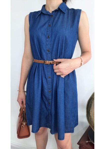 Örgü Kemerli Kolsuz Denim Kot Elbise fırsatları