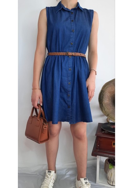 Örgü Kemerli Kolsuz Denim Kot Elbise