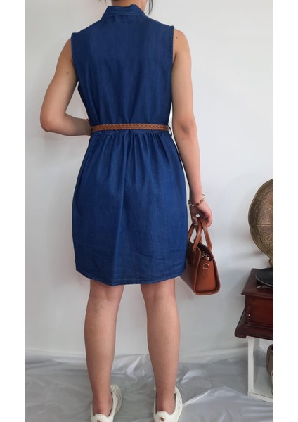 Örgü Kemerli Kolsuz Denim Kot Elbise