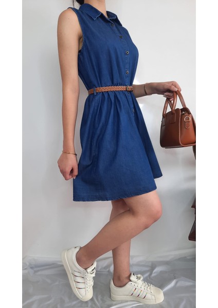 Örgü Kemerli Kolsuz Denim Kot Elbise fiyatları