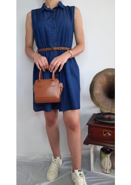 Örgü Kemerli Kolsuz Denim Kot Elbise modelleri