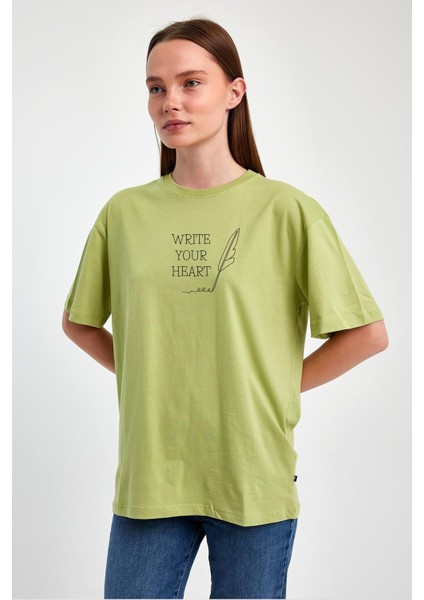 "write Your Heart" Baskılı Tüy Detaylı %100 Penye Süprem T-Shirt