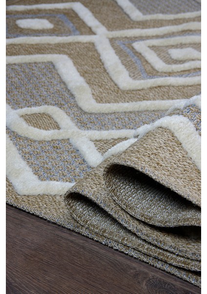 Dış Mekan ve Iç Mekan Halısı Krem ve Mavi Detaylı Jüt Halı Sisal Halı