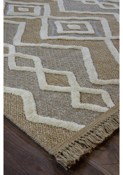 Dış Mekan ve Iç Mekan Halısı Krem ve Mavi Detaylı Jüt Halı Sisal Halı
