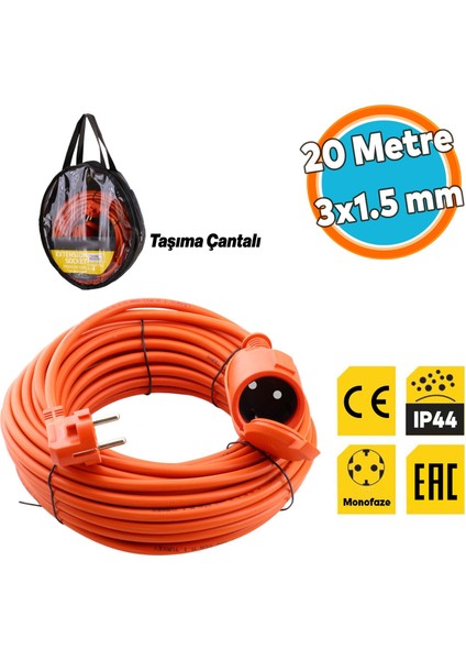 Uzatma Kablosu Cca 3x1.5 mm 20 Metre Topraklı Kablolu Tekli Grup Fiş Priz Kapaklı Monofaze Ev Tipi