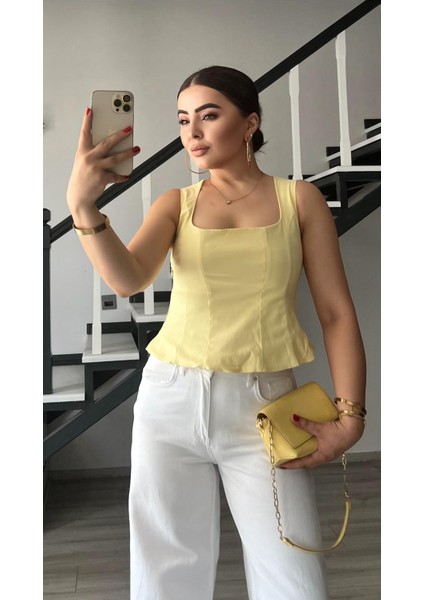 Açık Sarı Peplum Korse Bluz
