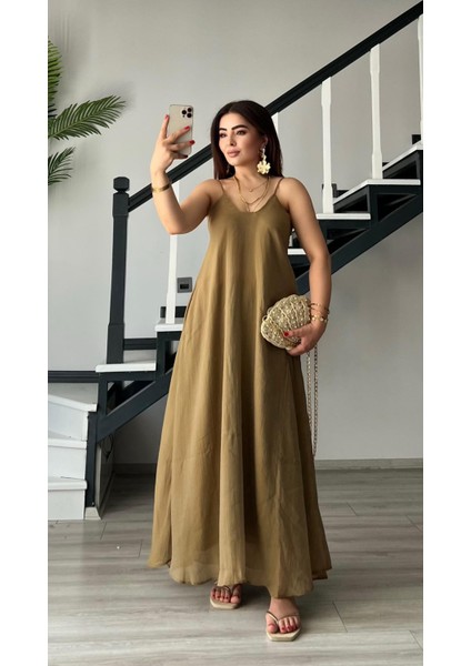 Olive Tnsel Ayatalanabilir Askılı Cepli Elbise