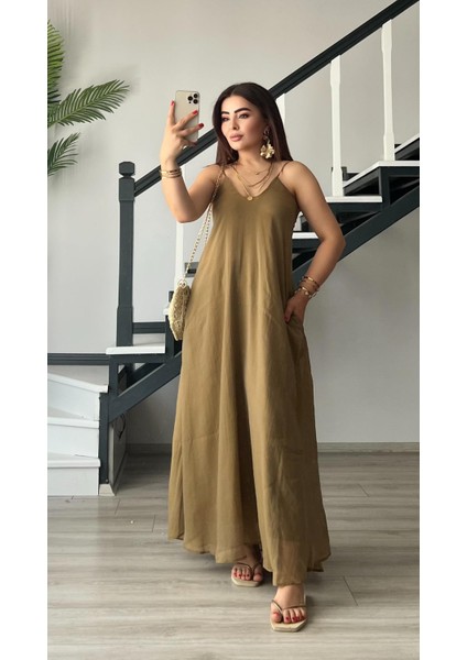 Olive Tnsel Ayatalanabilir Askılı Cepli Elbise fiyatları