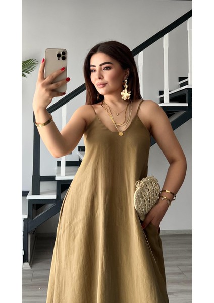 Olive Tnsel Ayatalanabilir Askılı Cepli Elbise modelleri