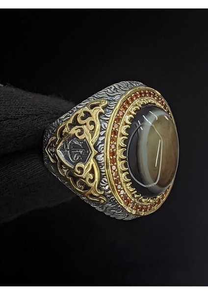 Süleyman Gözü Taşlı Vav Harfli 925 Ayar Gümüş Erkek Yüzük | Detaylı Taş Tasarımı