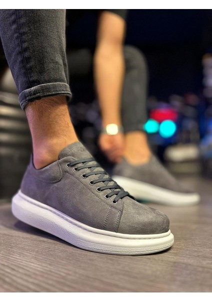 J044 Bağcıklı Ortopedik Taban Erkek Günlük Süet Sneaker Spor Ayakkabı Bt Gri