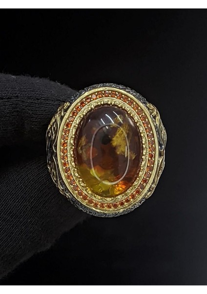 Fosil Kehribar Vav Harfli 925 Ayar Gümüş Erkek Yüzük | Detaylı Taş Tasarımı L El Yapımı modelleri