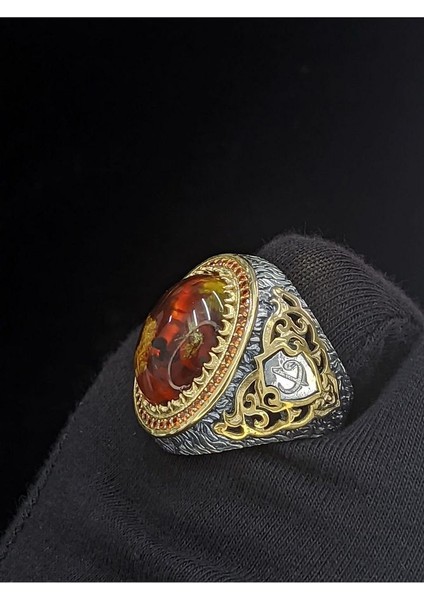 Fosil Kehribar Vav Harfli 925 Ayar Gümüş Erkek Yüzük | Detaylı Taş Tasarımı L El Yapımı fırsatları