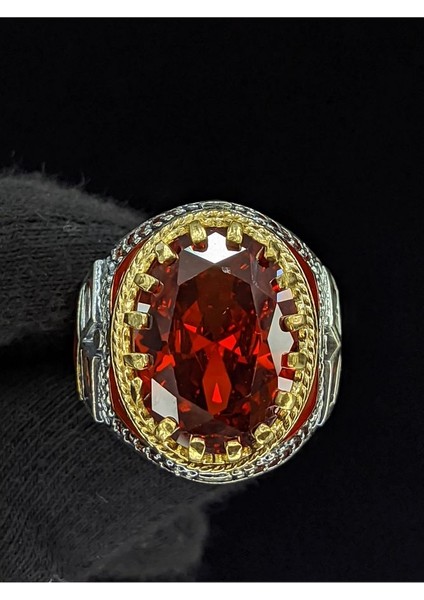 Kırmızı Mineli Mikro Taşlı Oval Zirkon Taşlı 925 Ayar Erkek Gümüş Yüzük modelleri