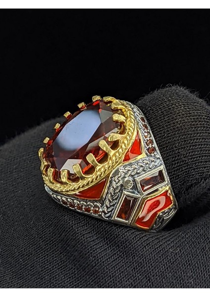 Kırmızı Mineli Mikro Taşlı Oval Zirkon Taşlı 925 Ayar Erkek Gümüş Yüzük fırsatları