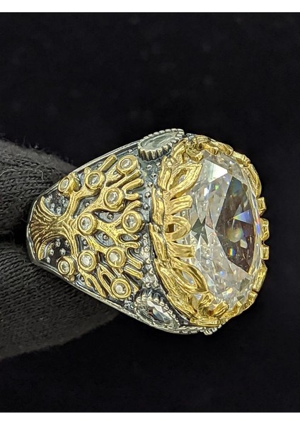Yaşam Ağacı Modelli Zirkon Oval Taşlı 925 Ayar Erkek Gümüş Yüzük
