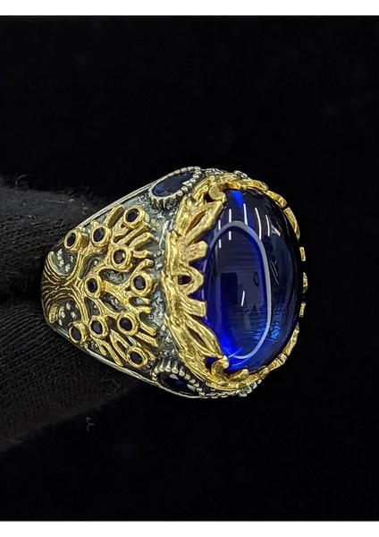 Yaşam Ağacı Modelli Oval Parlak Safir Cam Taşlı 925 Ayar Erkek Gümüş Yüzük