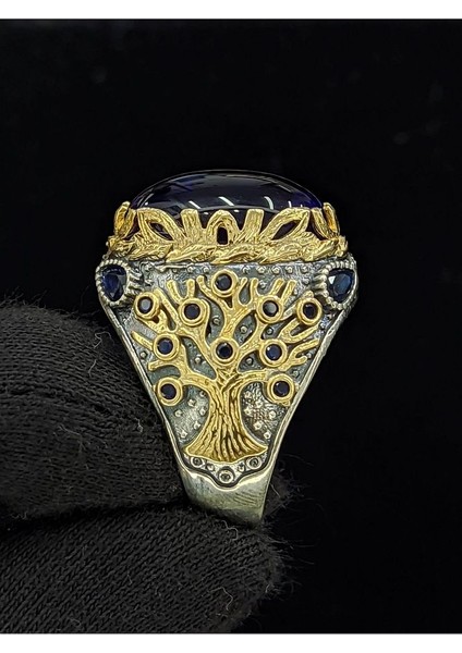 Yaşam Ağacı Modelli Oval Parlak Safir Cam Taşlı 925 Ayar Erkek Gümüş Yüzük fiyatları