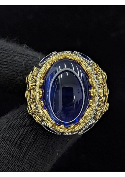 Yaşam Ağacı Modelli Oval Parlak Safir Cam Taşlı 925 Ayar Erkek Gümüş Yüzük modelleri