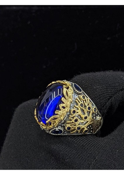 Yaşam Ağacı Modelli Oval Parlak Safir Cam Taşlı 925 Ayar Erkek Gümüş Yüzük fırsatları