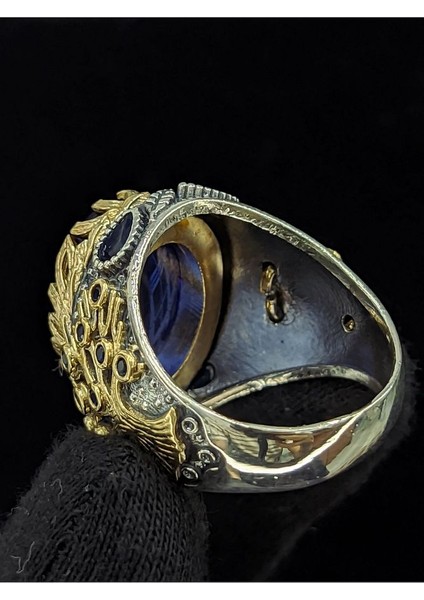 Yaşam Ağacı Modelli Oval Parlak Safir Cam Taşlı 925 Ayar Erkek Gümüş Yüzük indirimleri