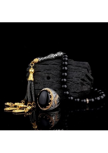 925 Ayar Gümüş Erkek Yüzük Akik Taşlı & Doğal Akik Taşlı Tesbih