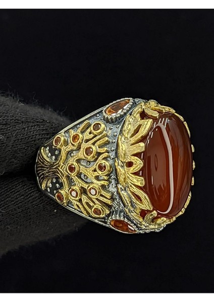Yaşam Ağacı Modelli Oval Akik Taşlı 925 Ayar Erkek Gümüş Yüzük