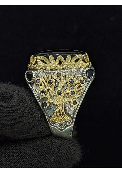 Yaşam Ağacı Modelli Oval Oniks Taşlı 925 Ayar Erkek Gümüş Yüzük fiyatları