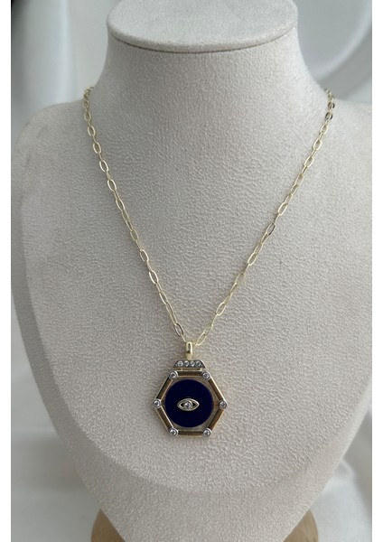 Altıgen Figürlü Göz Detaylı Altın Renk Kolye (50CM)