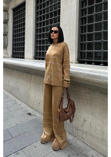 Simli Çizgili Desenli Kadın Triko Pantolon Kazak Takım (2 Parça ) Camel modelleri
