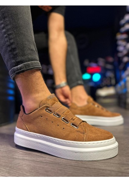 J521 Bağcıksız Lastikli 4 Bantlı Ortopedik Taban Erkek Günlük Süet Sneaker Spor Ayakkabı Bt Taba