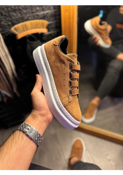 J521 Bağcıksız Lastikli 4 Bantlı Ortopedik Taban Erkek Günlük Süet Sneaker Spor Ayakkabı Bt Taba modelleri