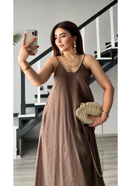 Kahve Tnsel Ayarlanabilir Askılı Cepli Elbise modelleri