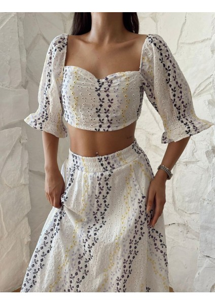 Işlemeli Crop Etek Takım