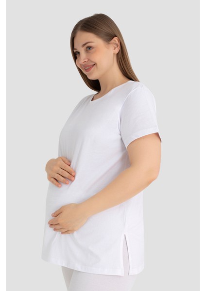 Pamuklu Likralı Beyaz Kısa Kollu Hamile Tişört Rahat ve Nefes Alan Hamile Giyim