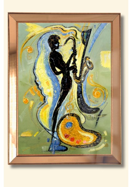 Gold Çerçeveli, Yağlı Boya Saksafonlu Cam Aynalı Çerçeve Tablo