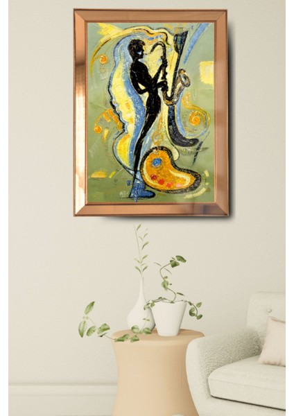 Gold Çerçeveli, Yağlı Boya Saksafonlu Cam Aynalı Çerçeve Tablo fiyatları