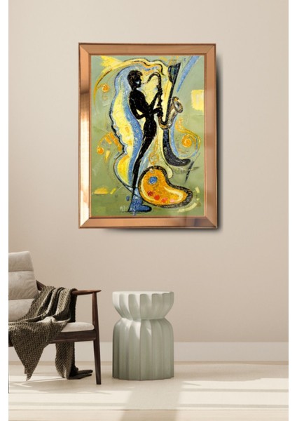 Gold Çerçeveli, Yağlı Boya Saksafonlu Cam Aynalı Çerçeve Tablo modelleri