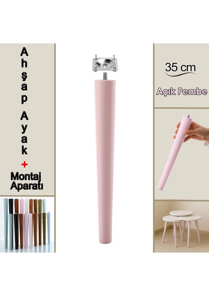 Ahşap Ayak 35 cm Açık Pembe M8 Civatalı Bağlantı Aparatlı Mobilya Tabure Sehpa Masa Destek Ayağı