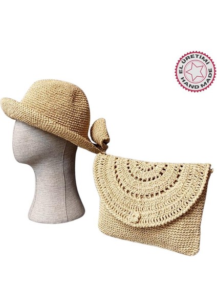 3565 El Yapımı Kağıt Ip Şapka ve Clutch Çanta Set / Bej